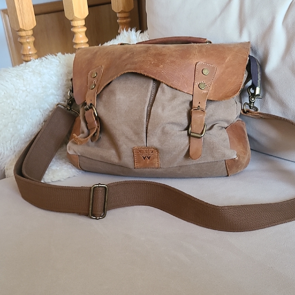 Brown Canvas and Leather Messenger Bag